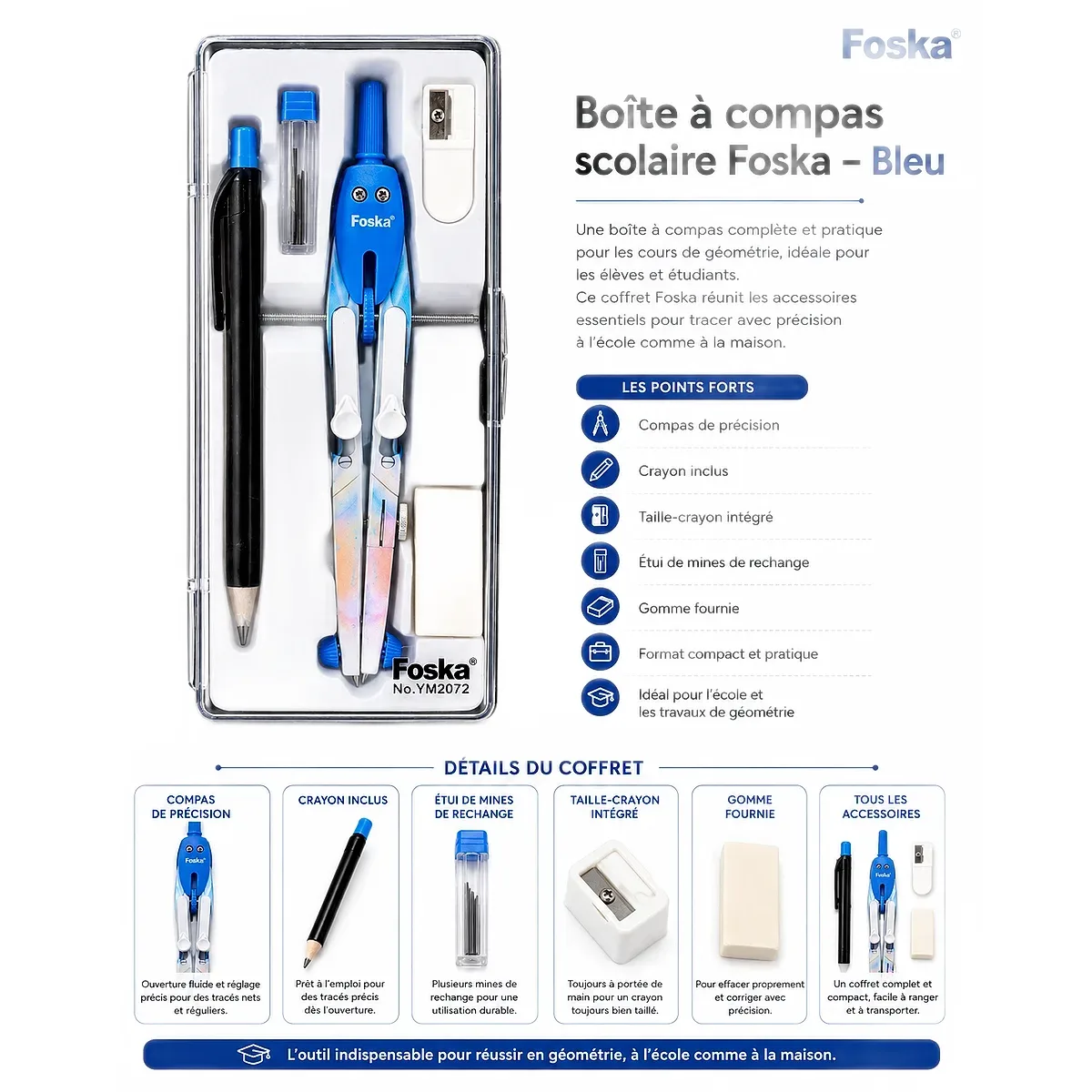 Boîte à compas scolaire Foska - Bleu