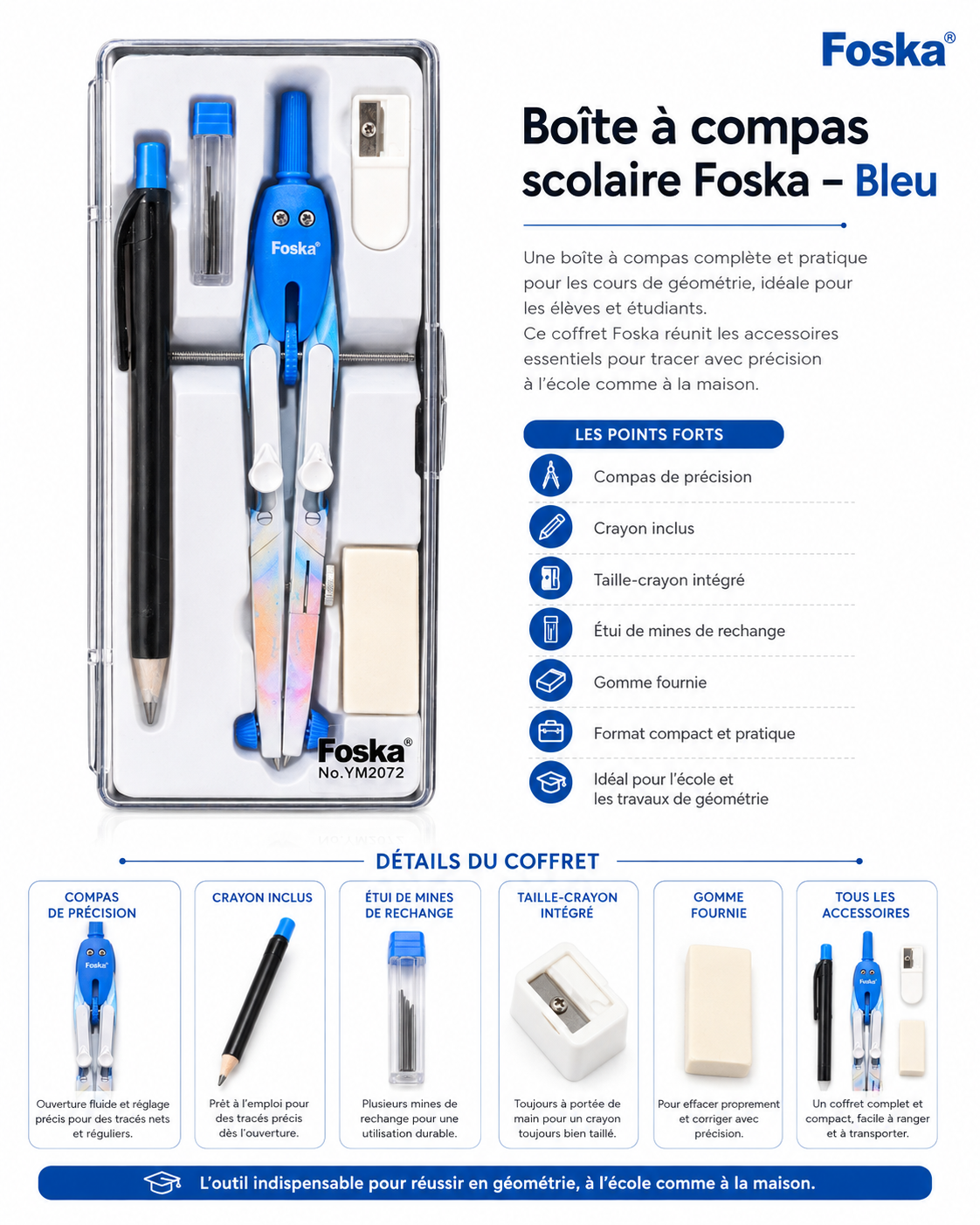 Boîte à compas scolaire Foska - Bleu · Couleur Bleu