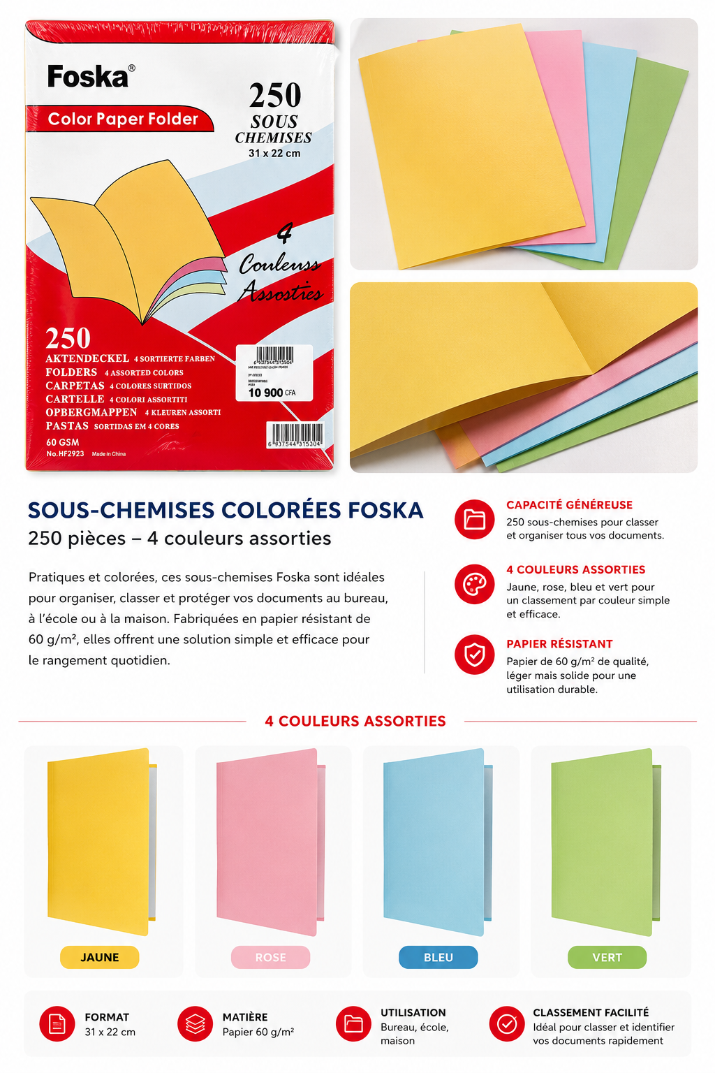 Sous-chemises colorées Foska 250 pièces - 4 couleurs assorties