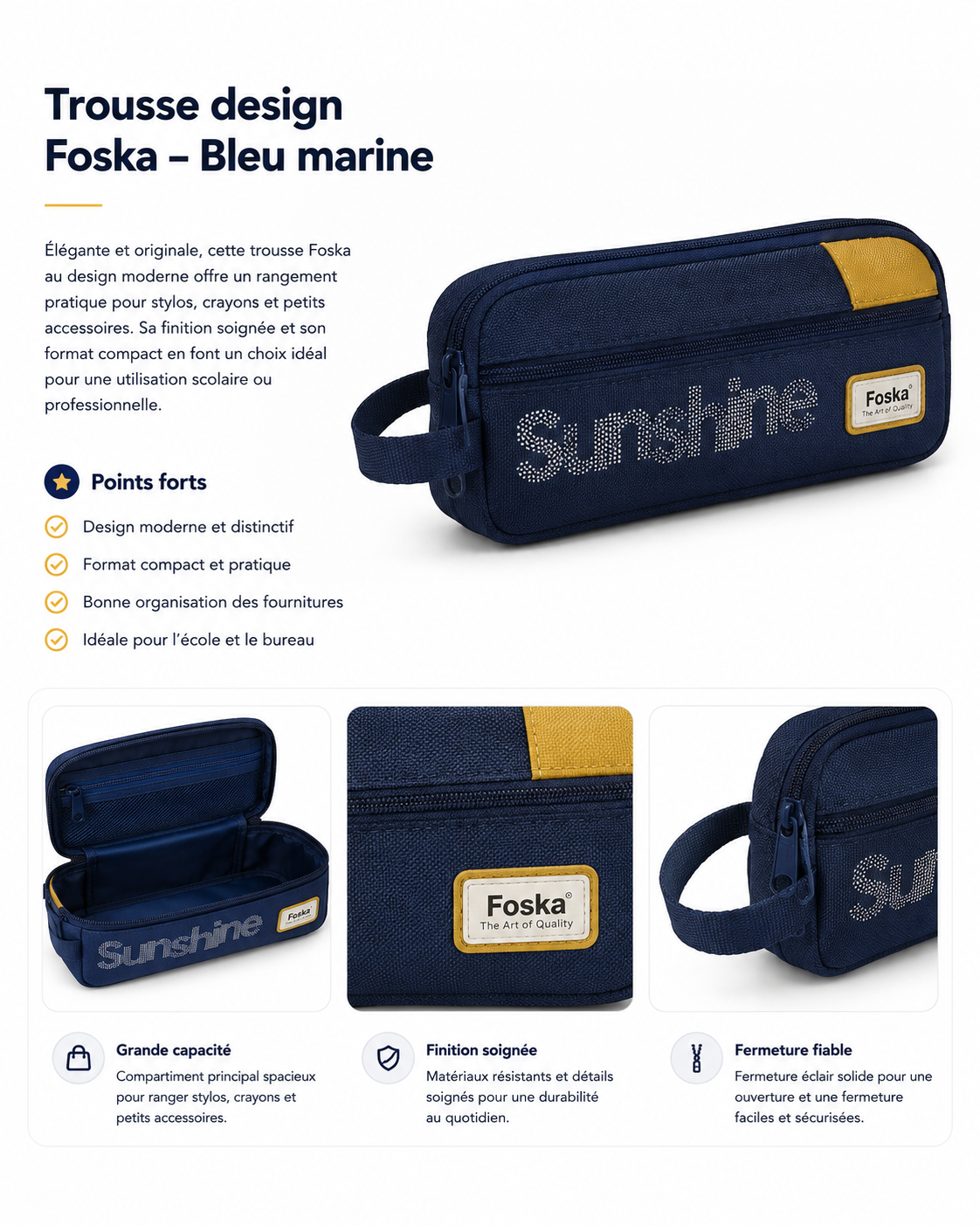 Trousse Foska design bleu marine avec détails dorés