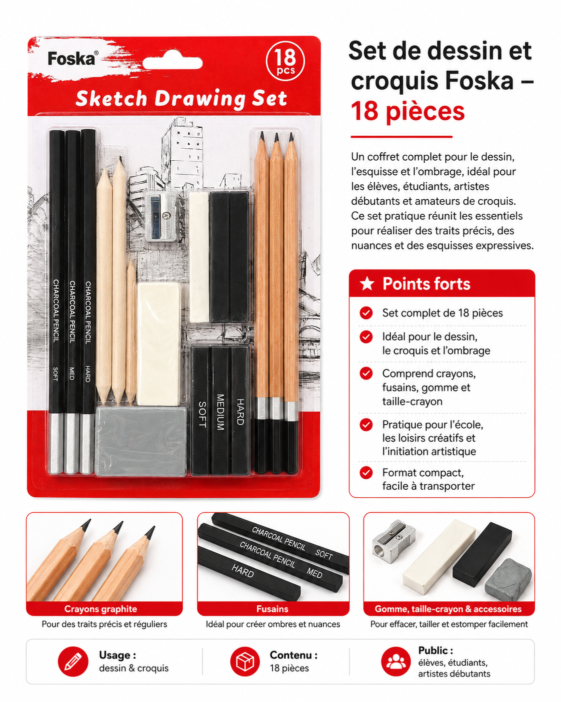 Set de dessin et croquis Foska – 18 pièces