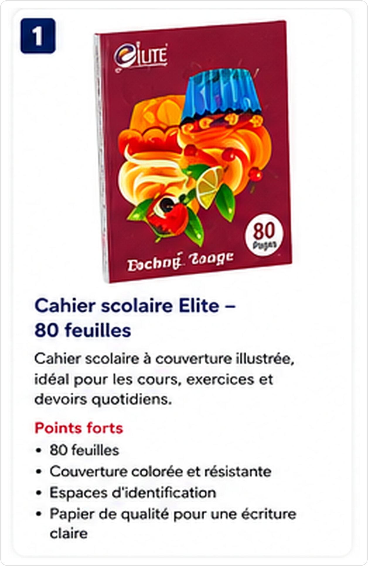 Cahier scolaire Elite - 80 feuilles couverture illustrée