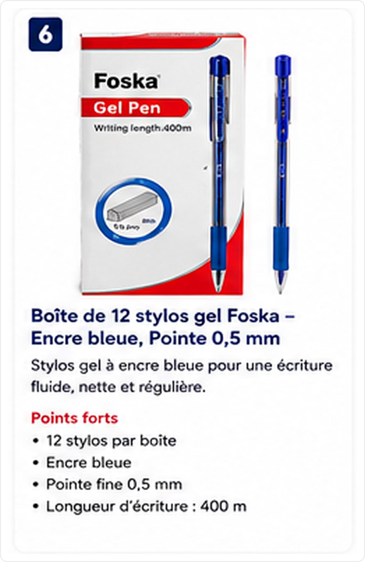 Boîte de 12 stylos gel Foska bleu - Pointe 0,5 mm